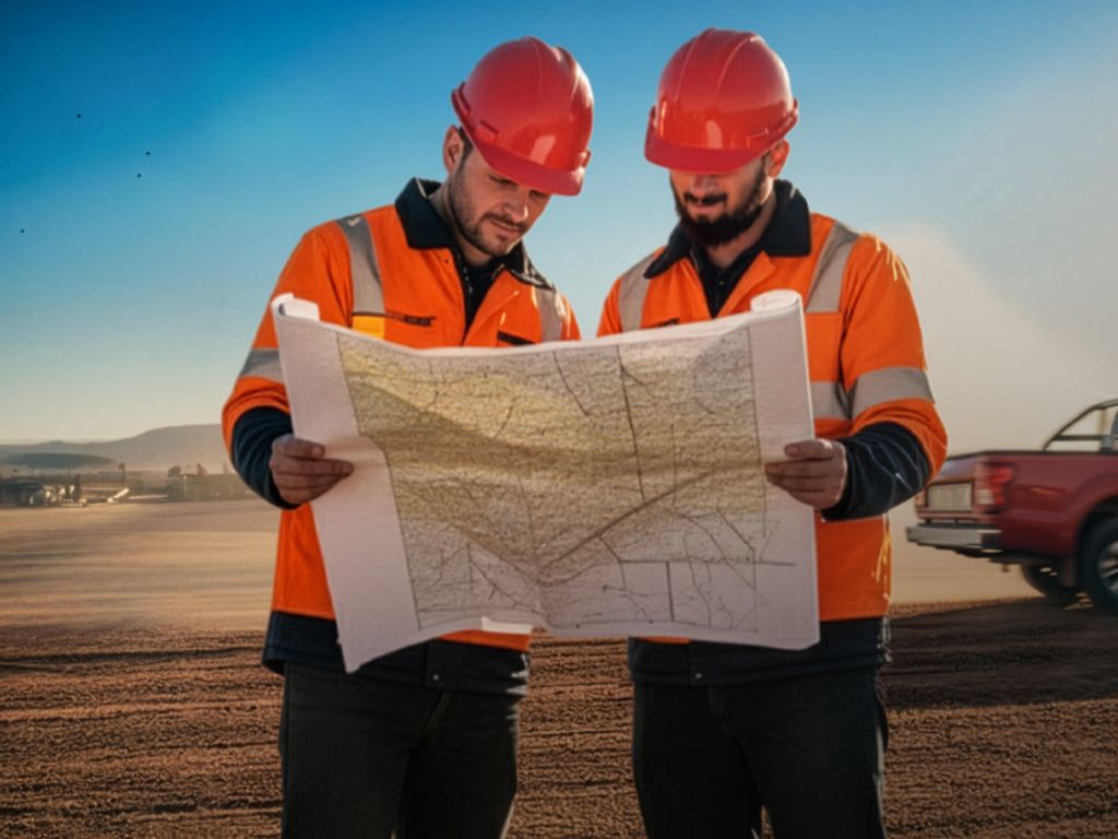 Dos trabajadores mineros con casco rojo y chaqueta de alta visibilidad revisan un mapa de faena, con camioneta y terreno minero de fondo.